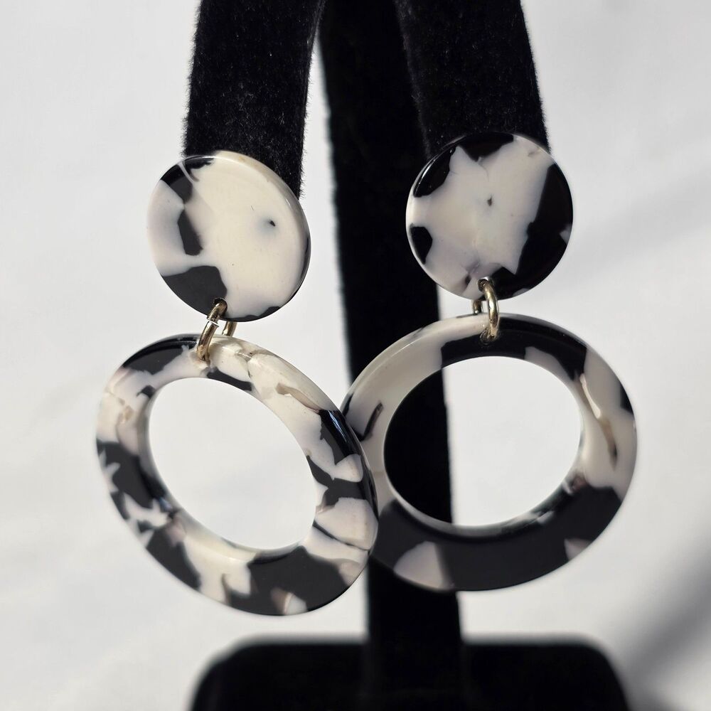 Black and White Marbled Resin Acrylic Circle Dangle Earrings Modern Geo Design